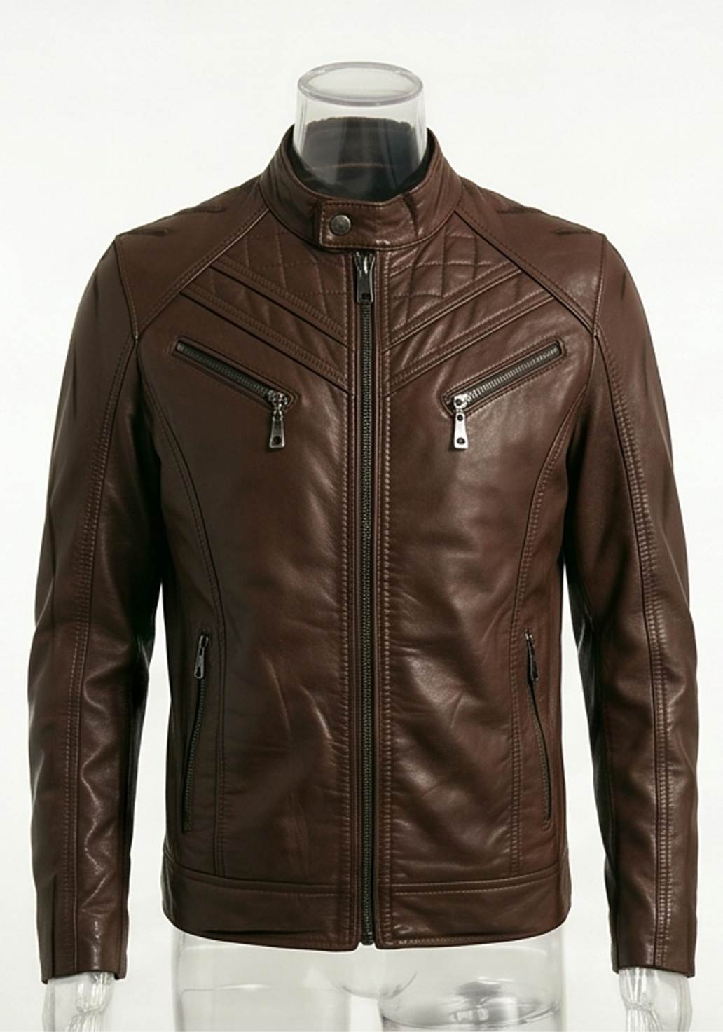 Men’s Quilted Brown Leather Cafe Racer Jacket